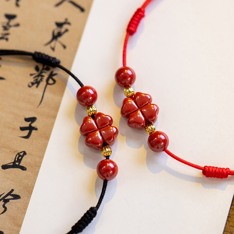 Natural Cinnabar Four Leaf Clover Blessing Red String Bracelet Anklet- EclatDoré