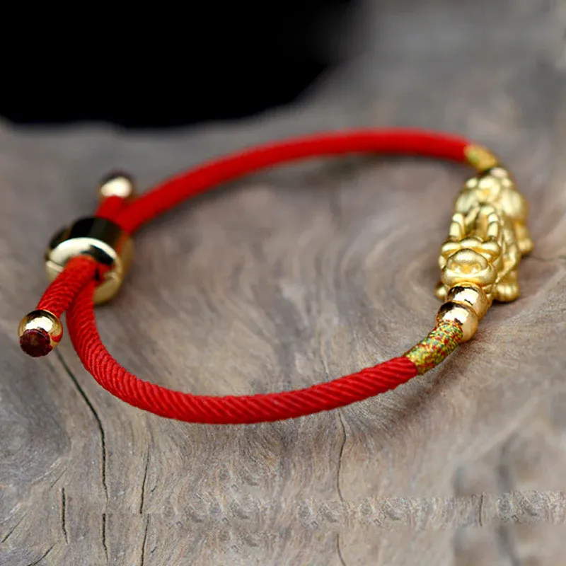 24K Gold Plated Pixiu Lucky Red String Bracelet
