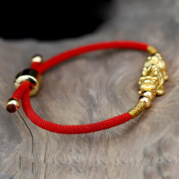 24K Gold Plated Pixiu Lucky Red String Bracelet