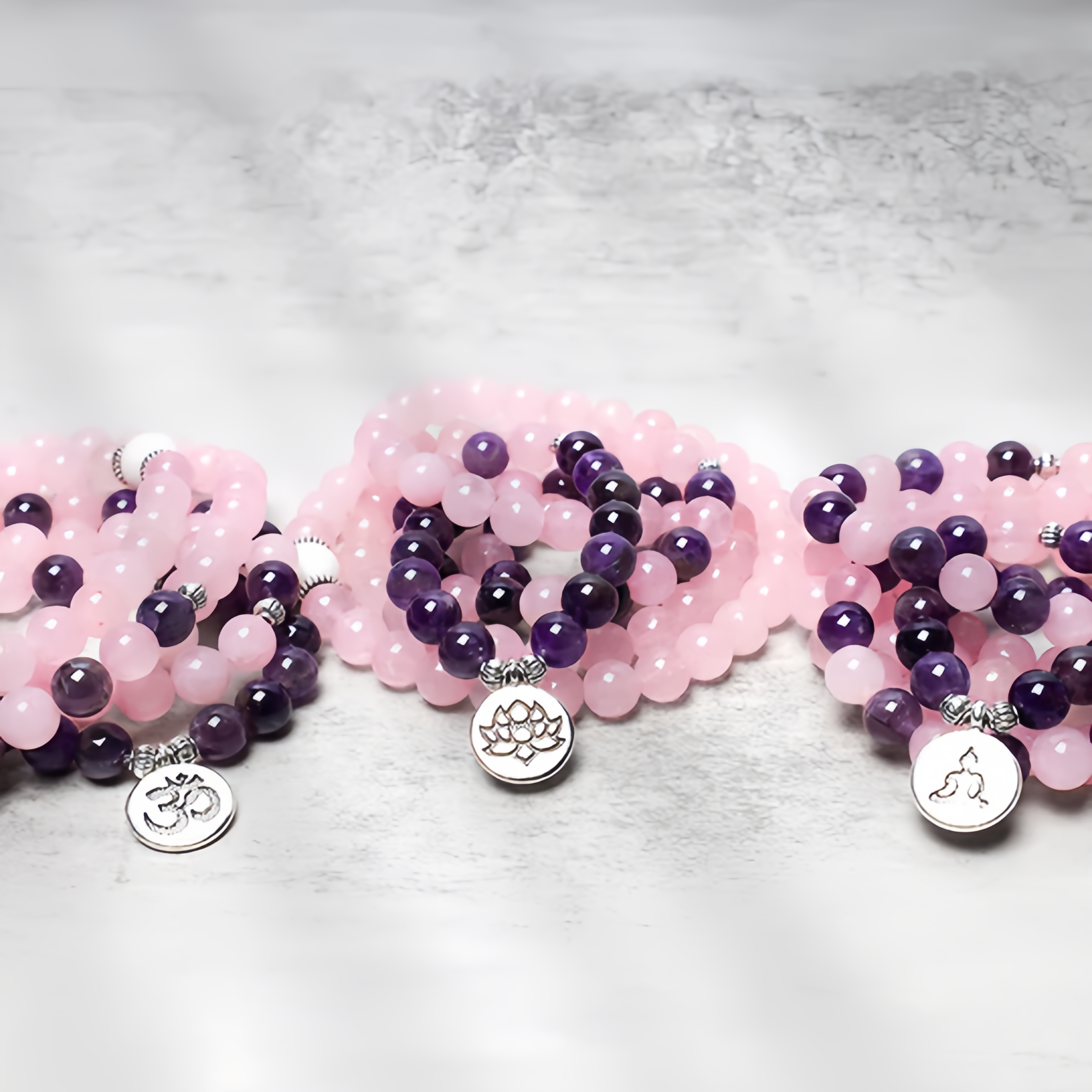 Healing Energy Jewelry:  108 Natural Rose Quartz & Amethyst Mala Bead Lotus Pendant Bracelet- EclatDoré