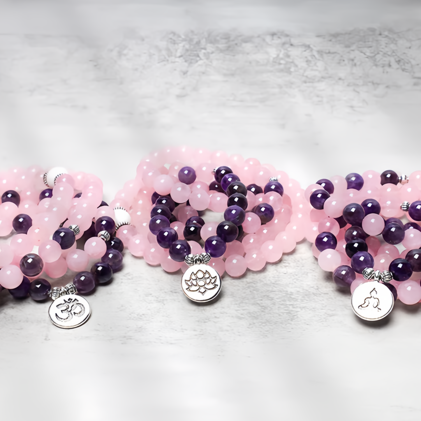 Healing Energy Jewelry:  108 Natural Rose Quartz & Amethyst Mala Bead Lotus Pendant Bracelet- EclatDoré