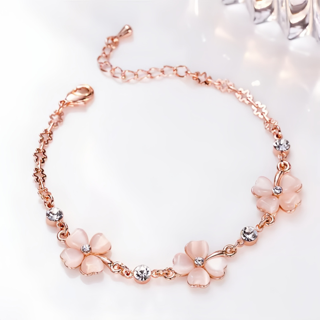 Pink Crystal Four Leaf Clover Love Chain Bracelet