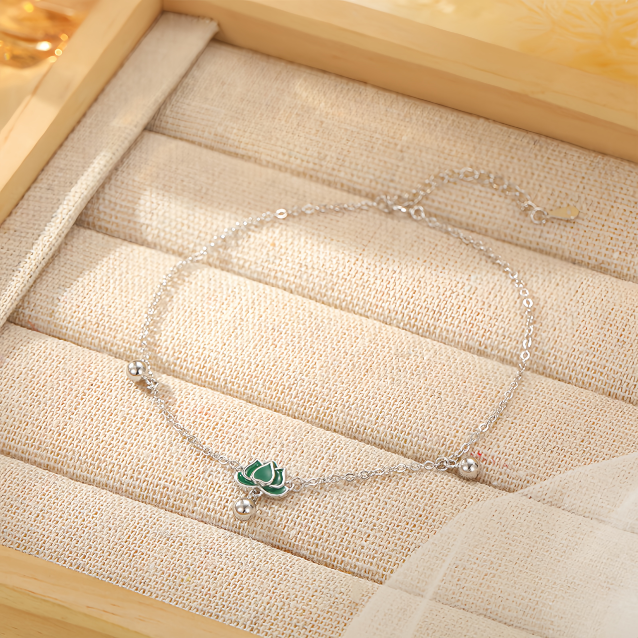 S925 Sterling Silver Vintage Lotus Ankle Bracelet & Wrist Chain with Green Stone Beads, Adjustable Retro Jewelry for Women- EclatDoré