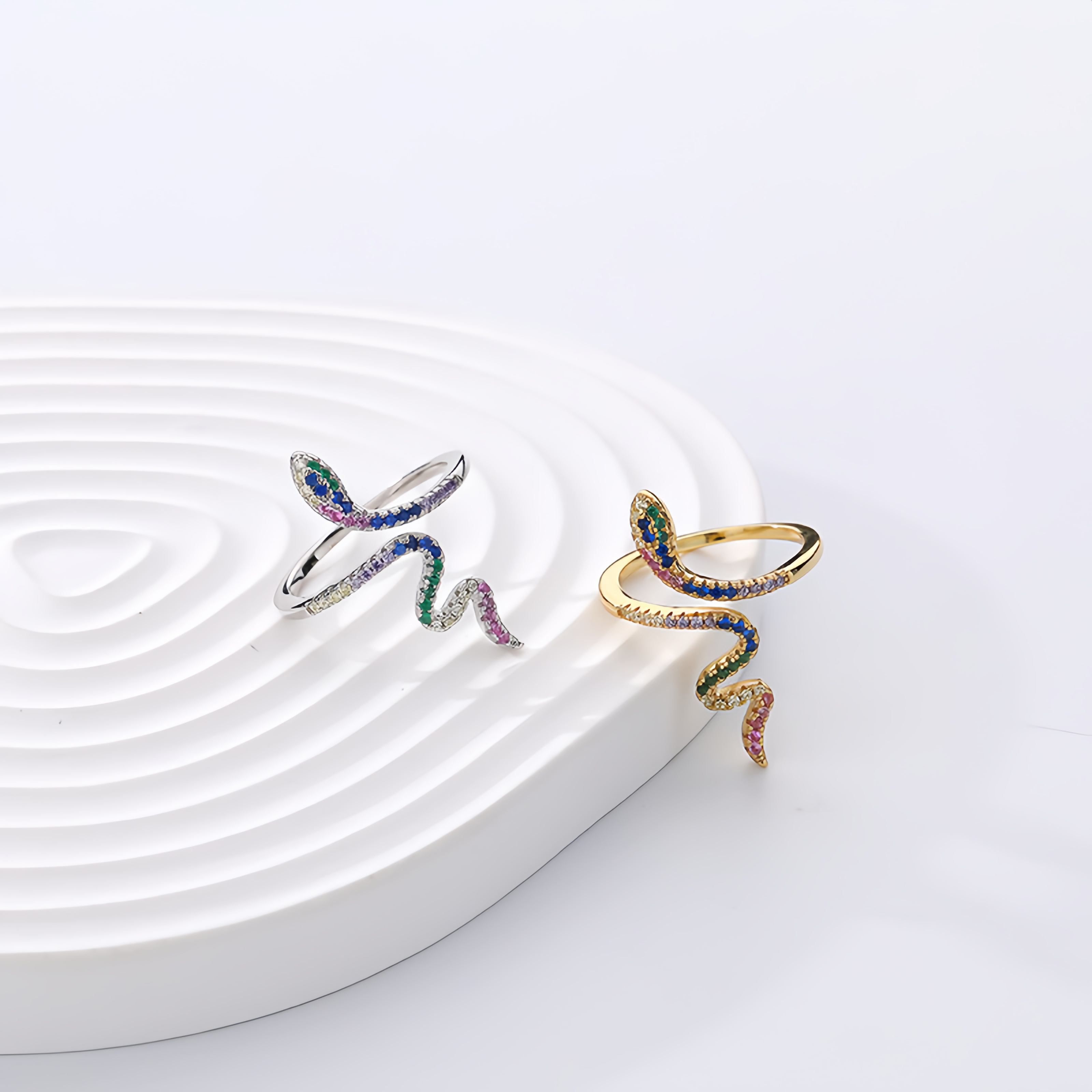 925 Sterling Silver Plated Gold Fashion Personality Snake Geometric  Adjustable Open Ring with Colored Cubic Zirconia - Luxurious Look- EclatDoré