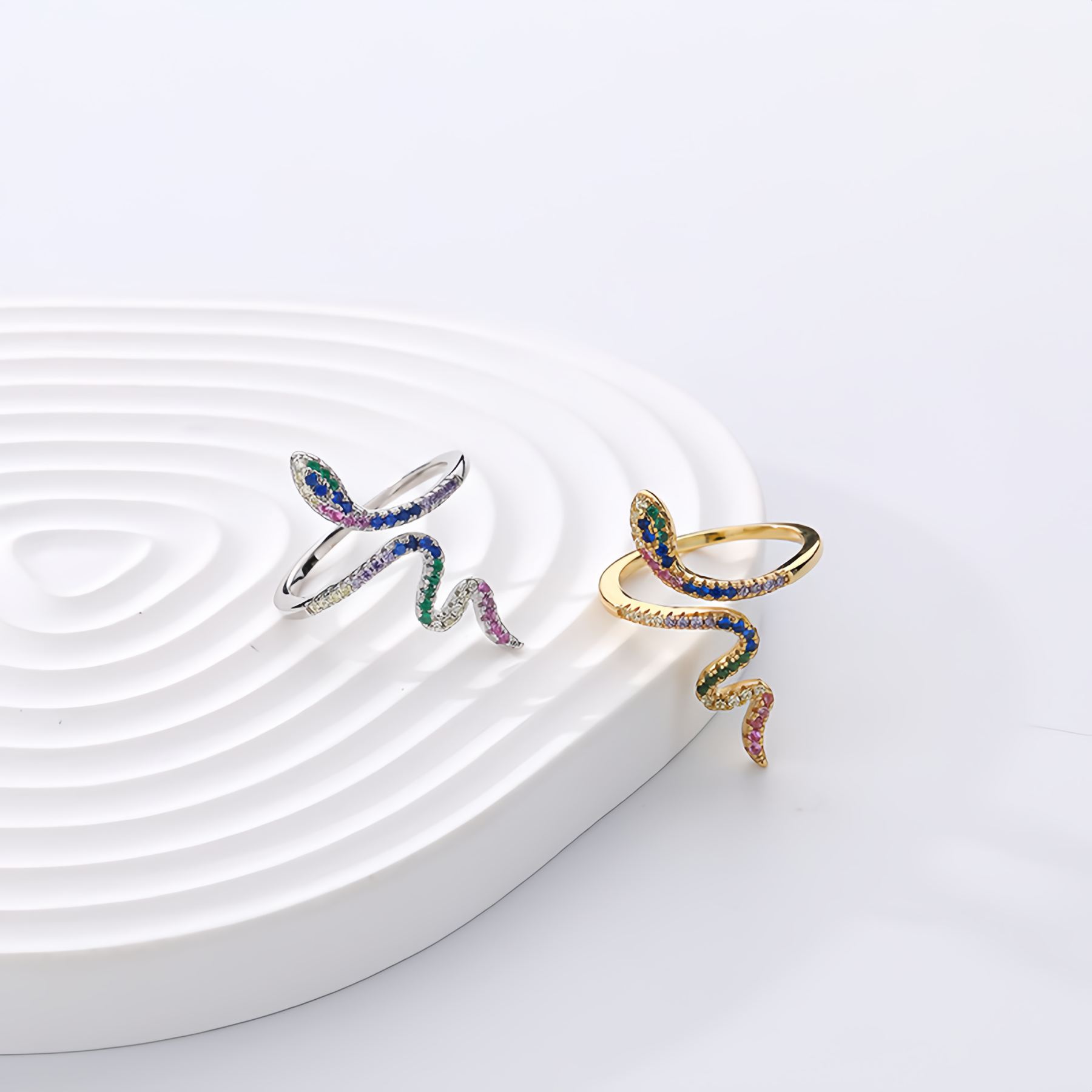 925 Sterling Silver Plated Gold Fashion Personality Snake Geometric  Adjustable Open Ring with Colored Cubic Zirconia - Luxurious Look- EclatDoré