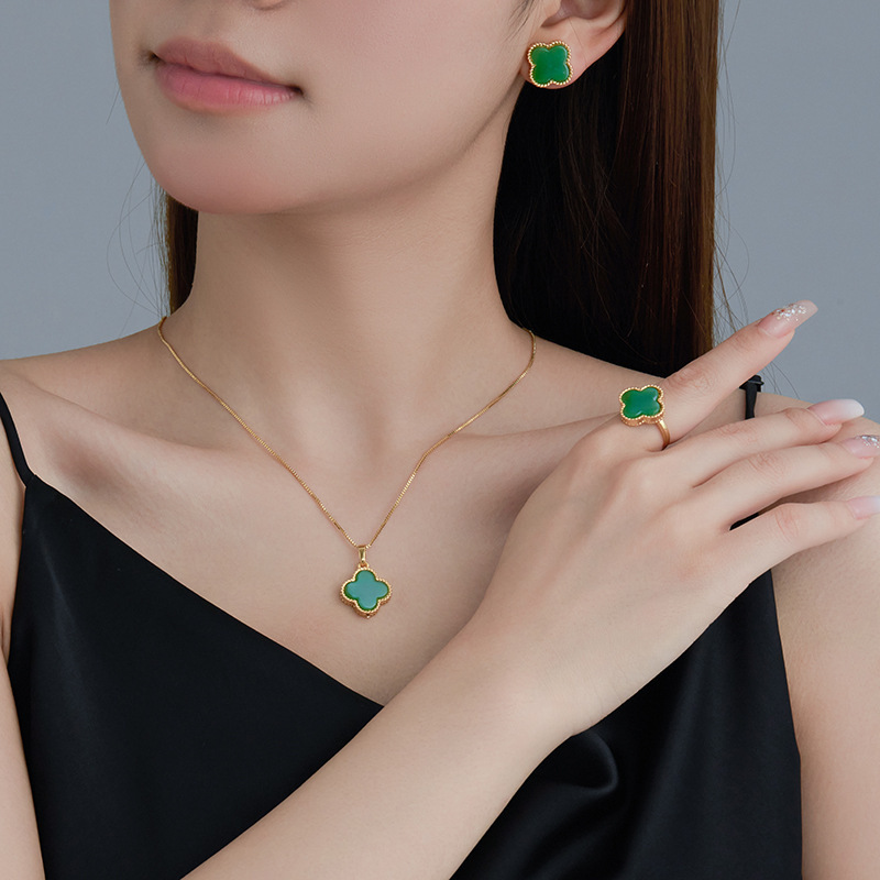 Natural Green Agate Four-Leaf Clover Lucky Charm Necklace & Earring Set- EclatDoré