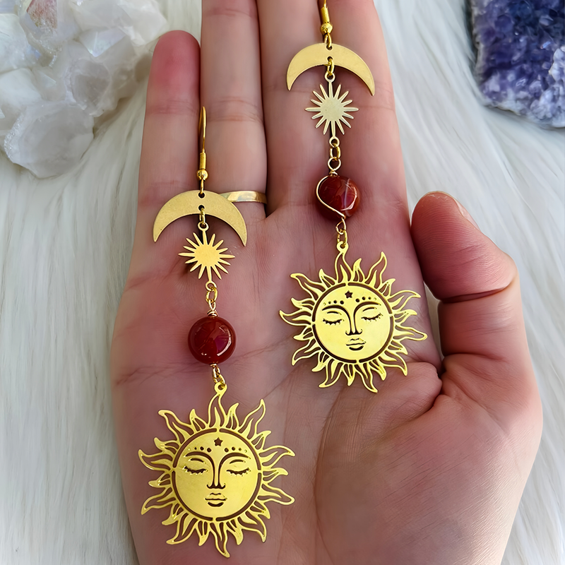Brass Sun Moon Healing Earrings |   Copper Chakra Energy Balancing