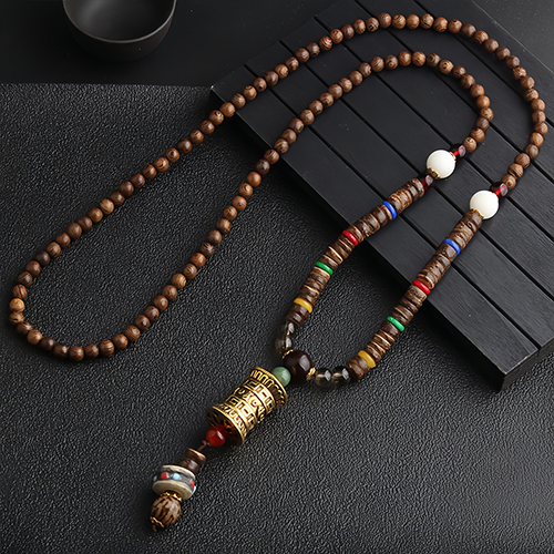 Turquoise Dzi Bead Prayer Wheel Wenge Wood Meditation Necklace