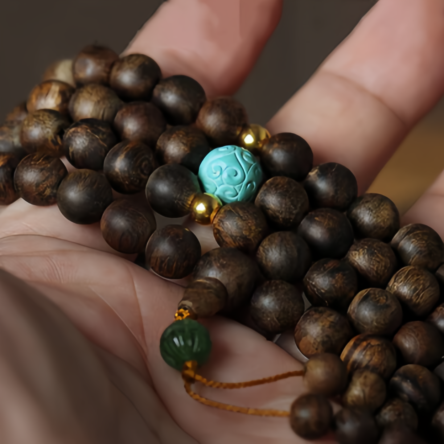 108 Mala Beads Nha Trang Agarwood Turquoise Prayer Meditation Bracelet Mala- EclatDoré