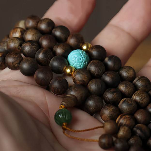 108 Mala Beads Nha Trang Agarwood Turquoise Prayer Meditation Bracelet Mala- EclatDoré