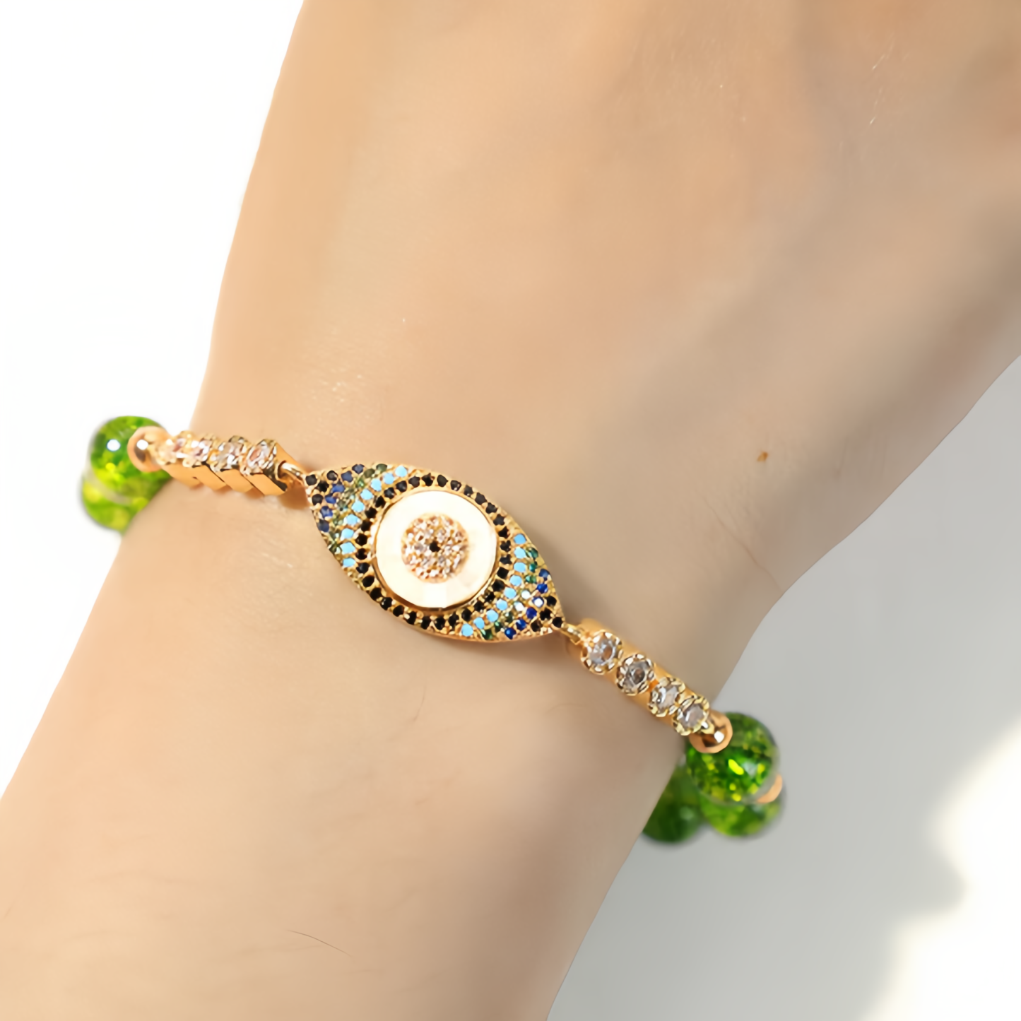 Handmade Natural Olivine Crystal Bracelet with Protective Nazar Eye Pendant- EclatDoré