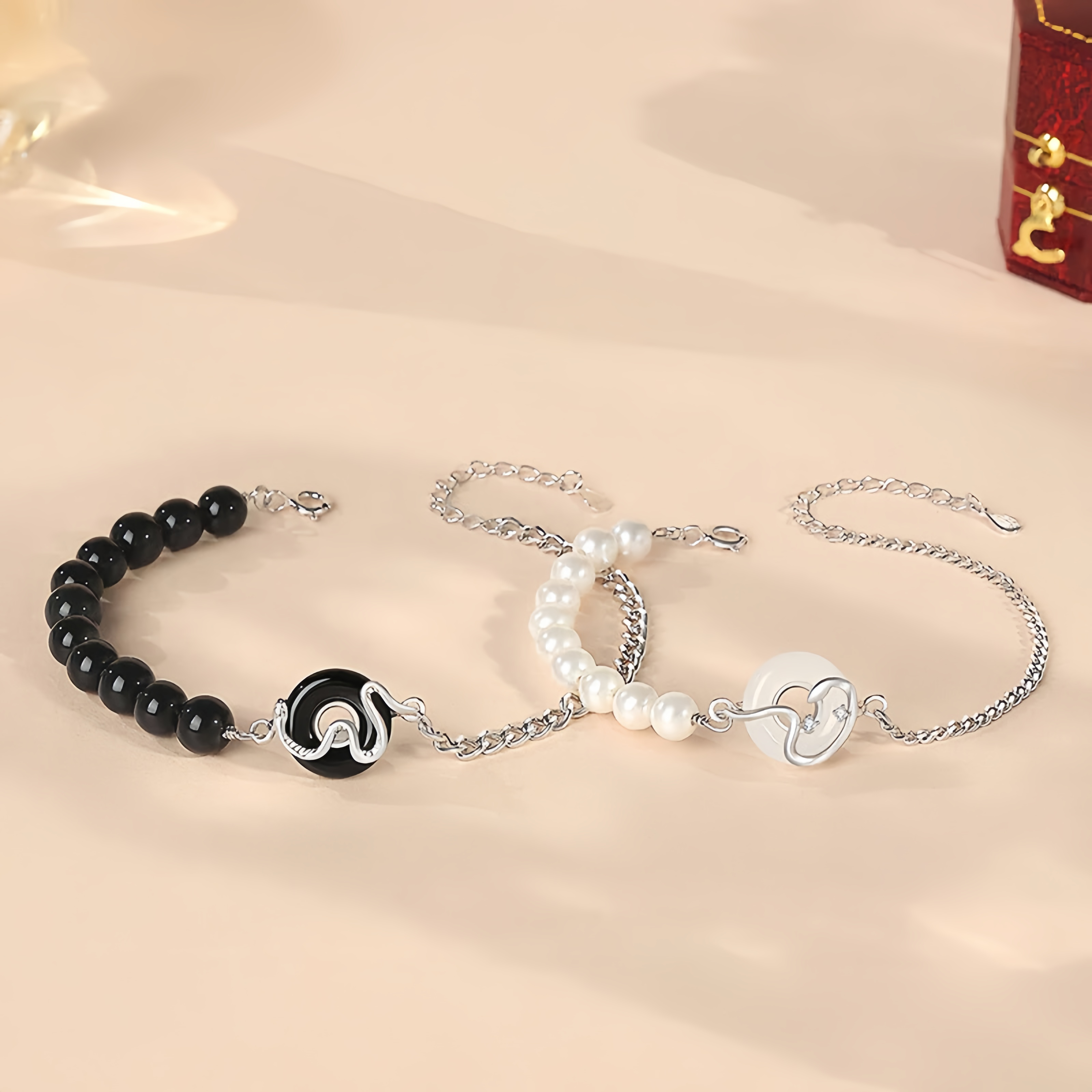 Black Obsidian Black Onyx Chalcedony Peace Buckle 925  Sterling Silver Year Of The Snake Pearl Purification Couple's Bracelet- EclatDoré