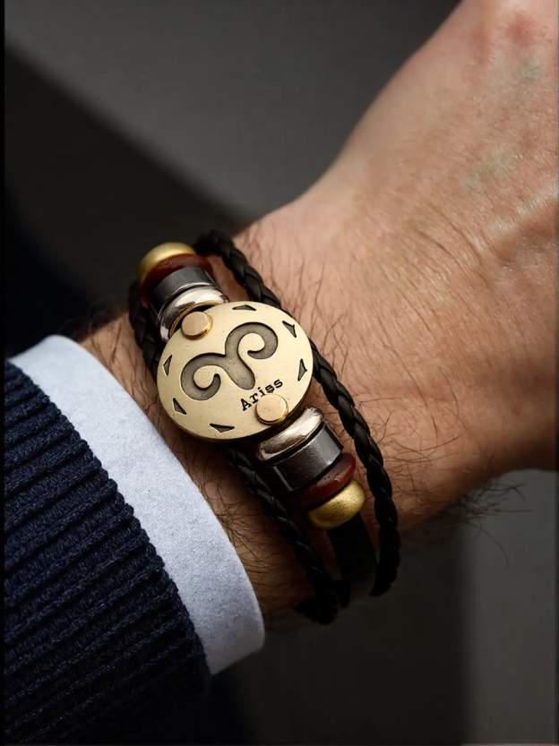 12 Zodiac Signs Handmade Leather Couple Bracelet with Hematite Totem Stone - Mystical Love Jewelry for 2025- EclatDoré