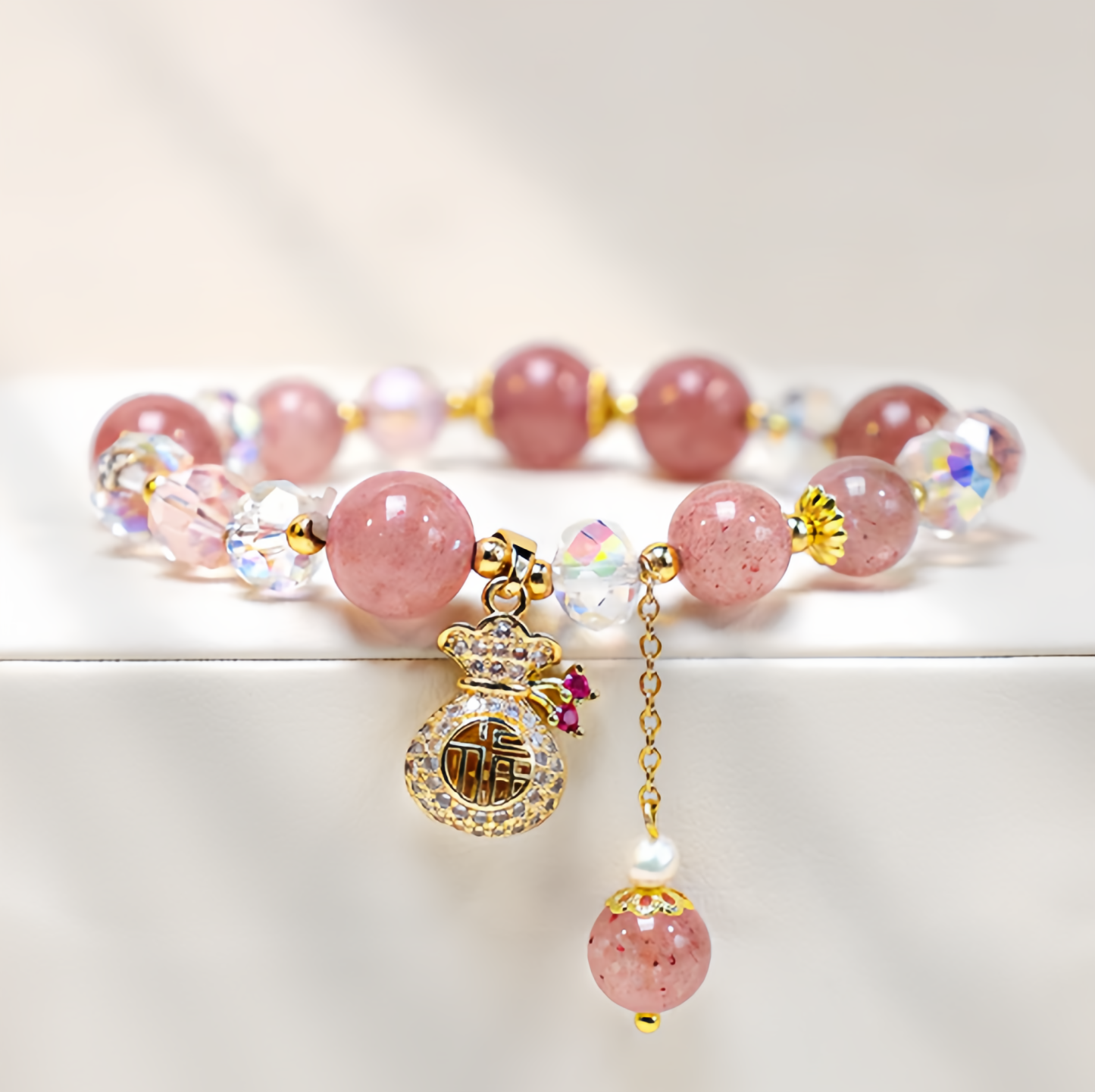 Natural Strawberry Quartz Crystal Money Bag Charm Positive Bracelet- EclatDoré