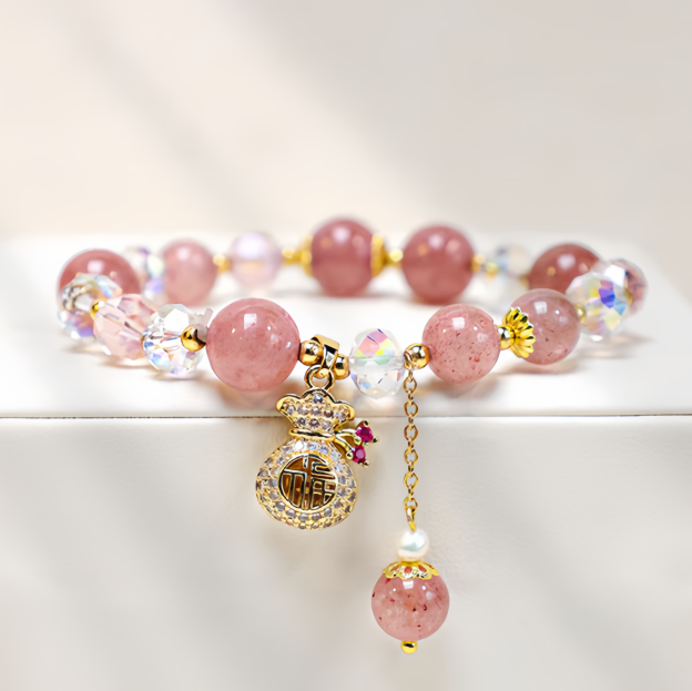 Natural Strawberry Quartz Crystal Money Bag Charm Positive Bracelet- EclatDoré