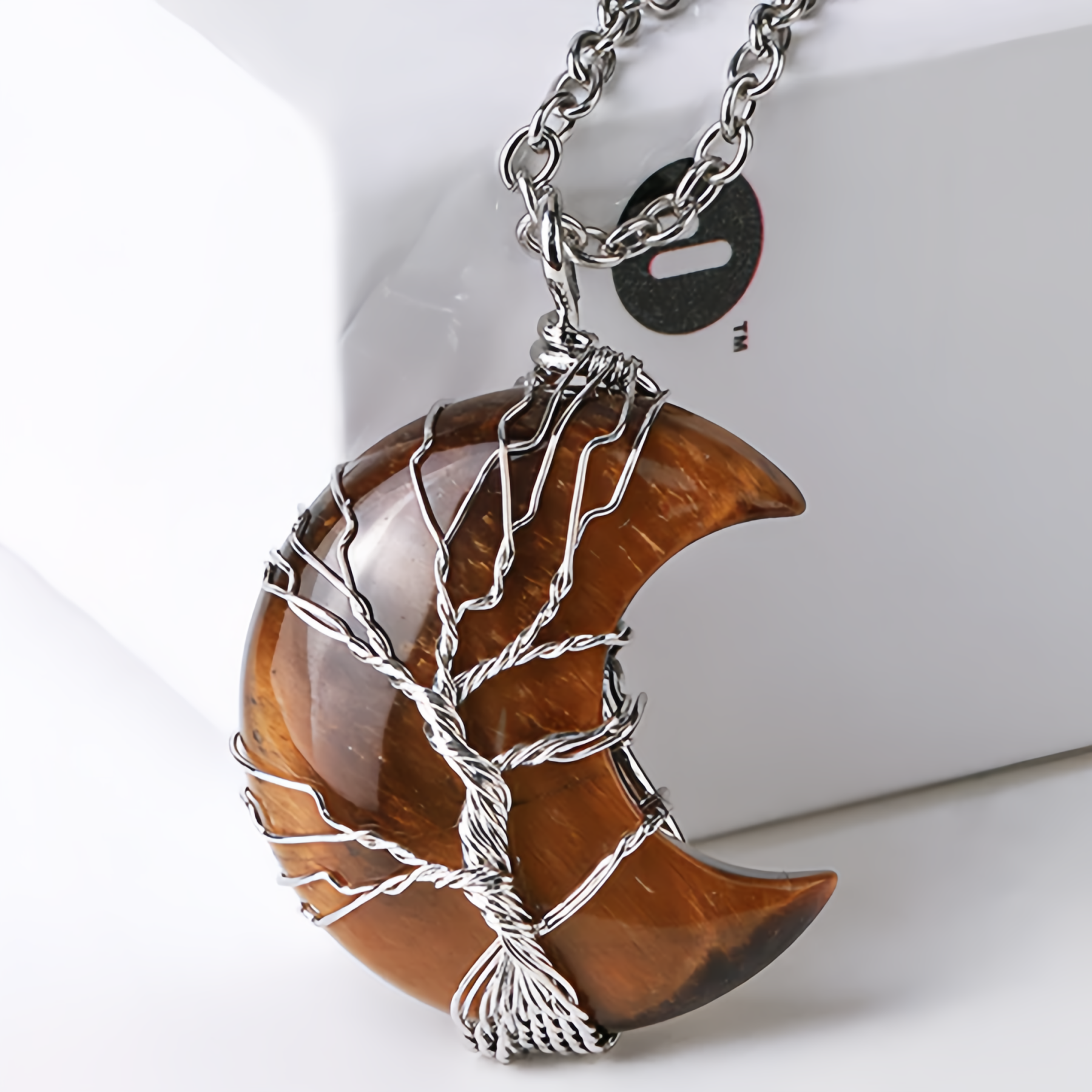Healing Energy Jewelry:Natural Quartz Crystal Moon Tree Of Life Healing Energy Necklace Pendant- EclatDoré