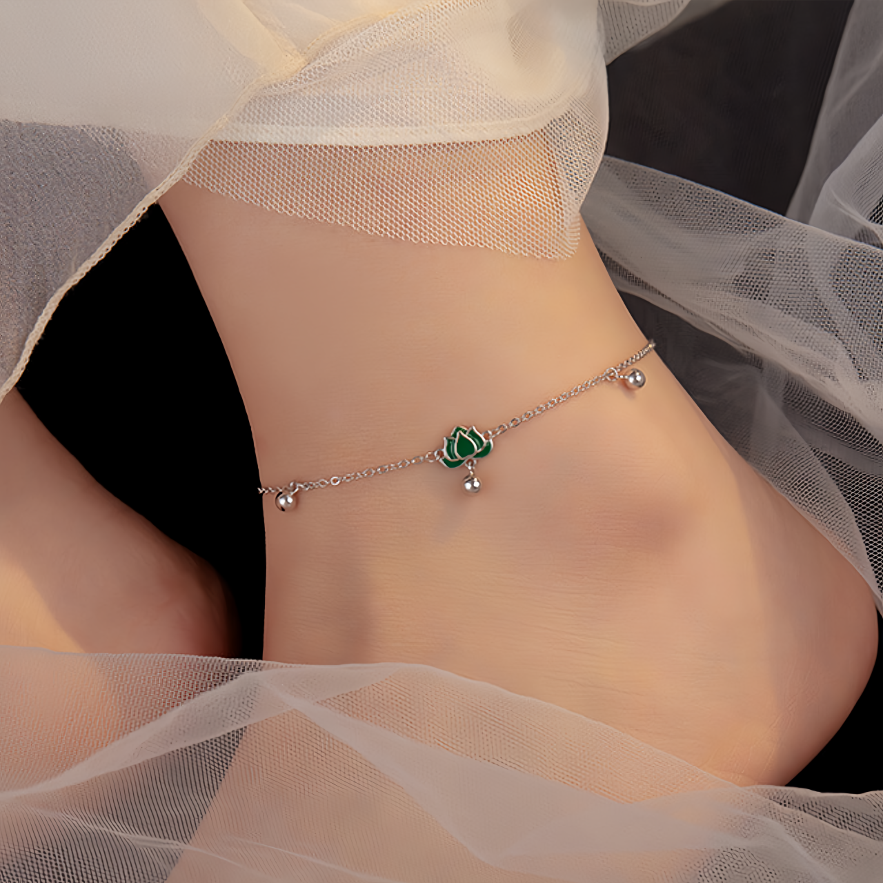 S925 Sterling Silver Vintage Lotus Ankle Bracelet & Wrist Chain with Green Stone Beads, Adjustable Retro Jewelry for Women- EclatDoré