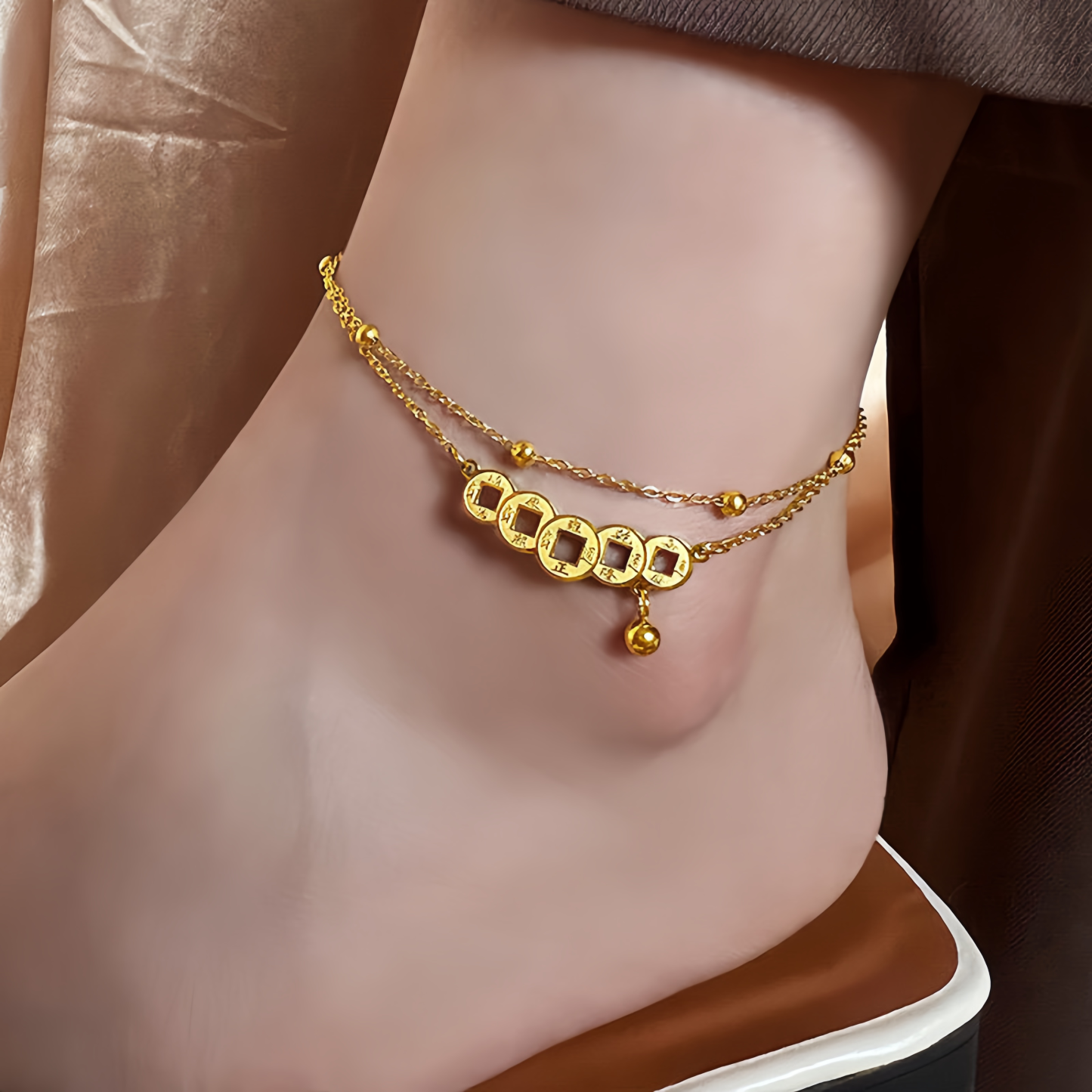 Double Layer Vintage Copper Coin Anklet for Women - Adjustable Lucky Wealth Anklet Chain- EclatDoré