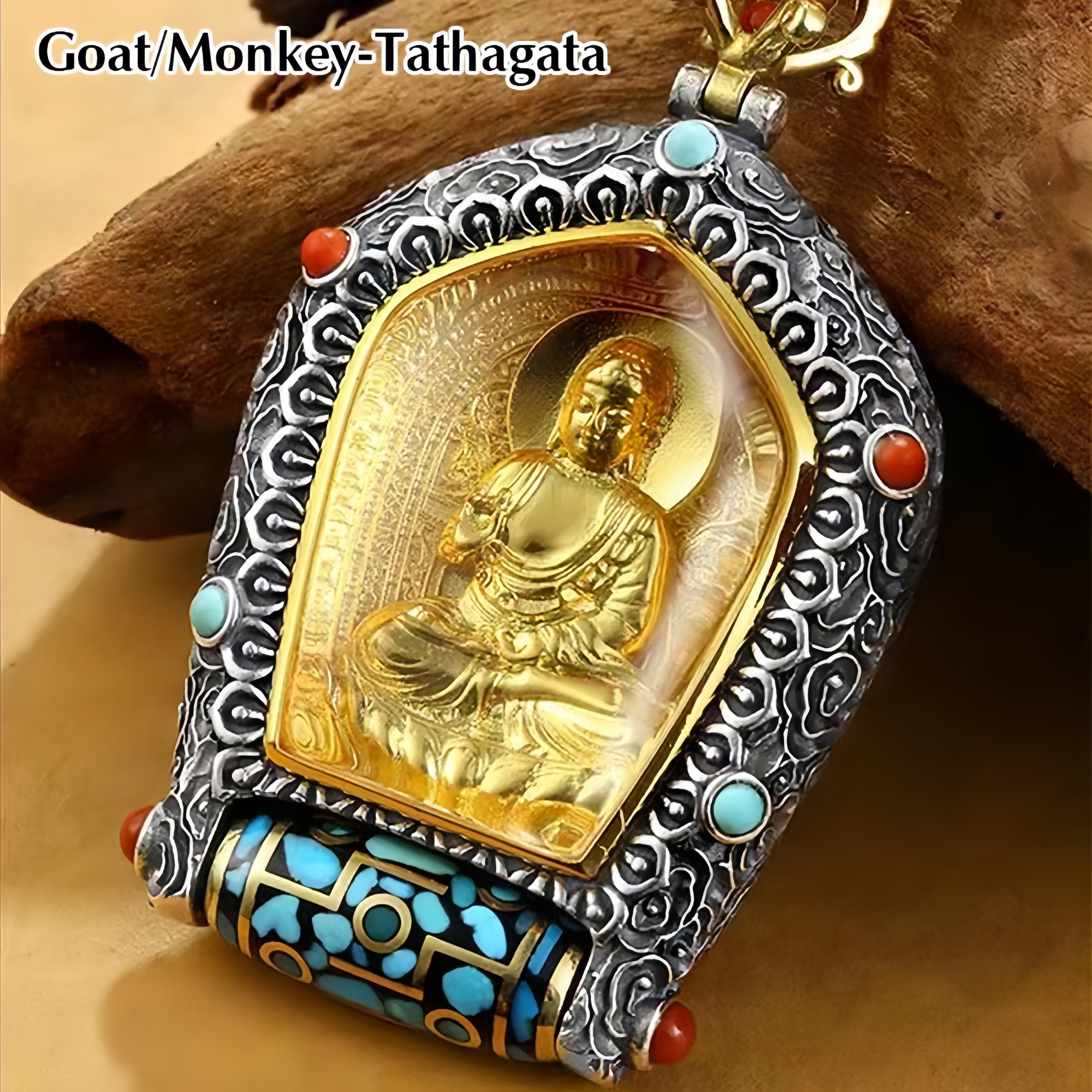 Tibet Chinese Zodiac Natal Buddha Thangka  Prosperity Rotatable Dzi Bead Necklace Pendant- EclatDoré