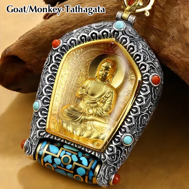 Tibet Chinese Zodiac Natal Buddha Thangka  Prosperity Rotatable Dzi Bead Necklace Pendant- EclatDoré