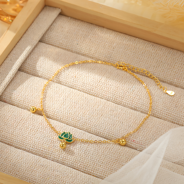 S925 Sterling Silver Vintage Lotus Ankle Bracelet & Wrist Chain with Green Stone Beads, Adjustable Retro Jewelry for Women- EclatDoré