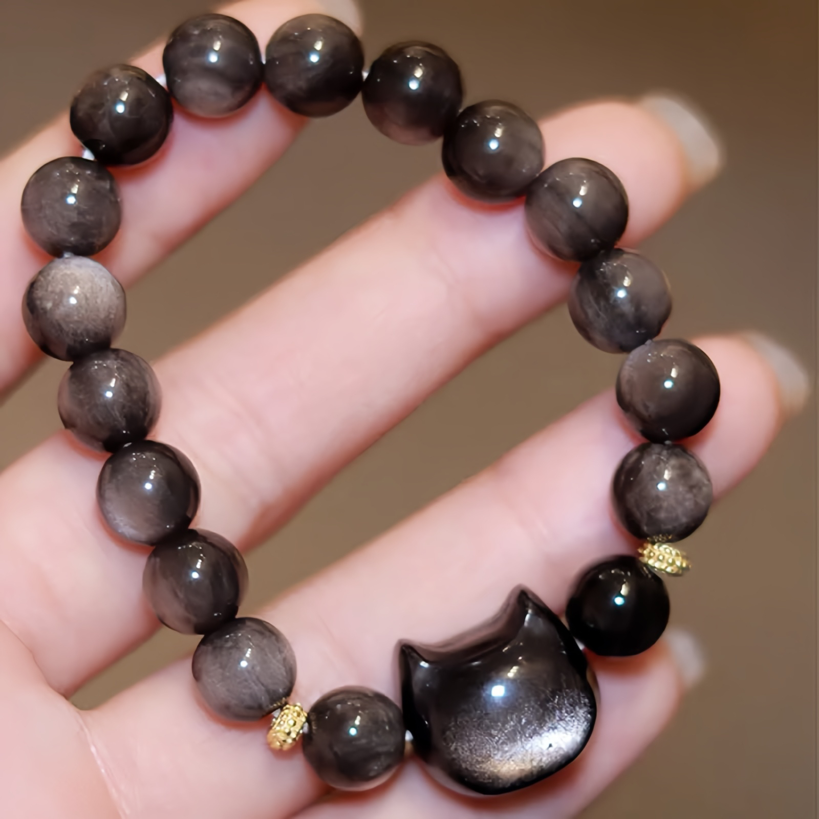 Gold Sheen Obsidian Silver Sheen Obsidian Lovely Paw Lucky Cat Protection Bracelet
