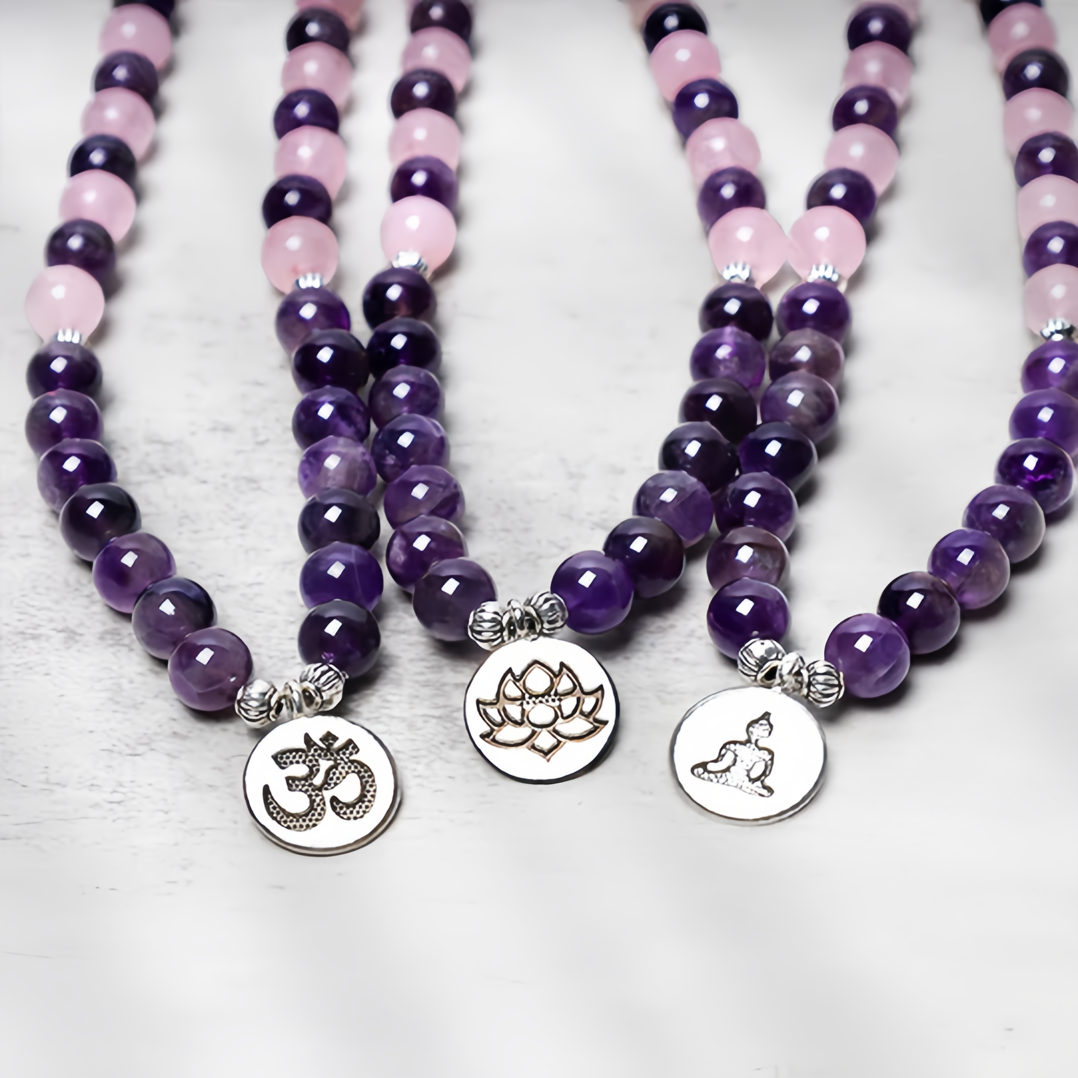 Healing Energy Jewelry:  108 Natural Rose Quartz & Amethyst Mala Bead Lotus Pendant Bracelet- EclatDoré