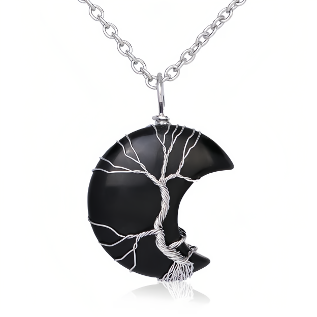 Healing Energy Jewelry:Natural Quartz Crystal Moon Tree Of Life Healing Energy Necklace Pendant- EclatDoré