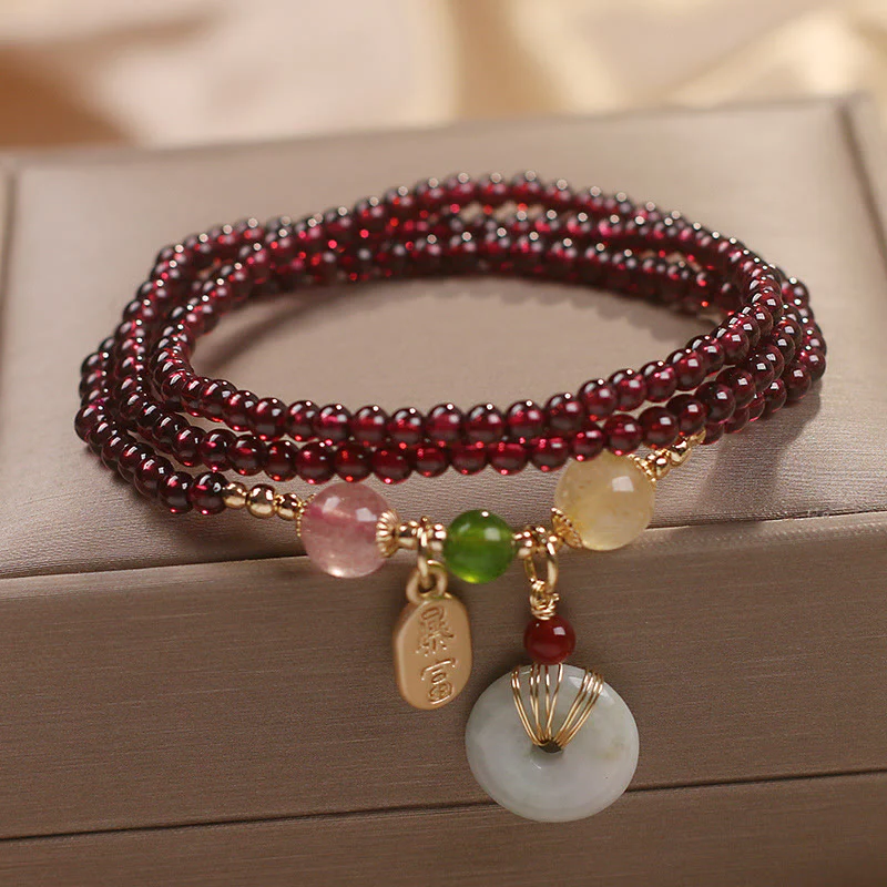 Natural Garnet Strawberry Quartz Crystal Fox Koi Fish Peace Buckle Fortune Protection Triple Wrap Bracelet- EclatDoré
