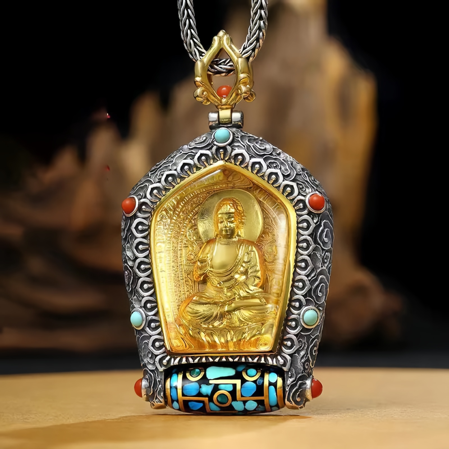 Tibet Chinese Zodiac Natal Buddha Thangka  Prosperity Rotatable Dzi Bead Necklace Pendant- EclatDoré