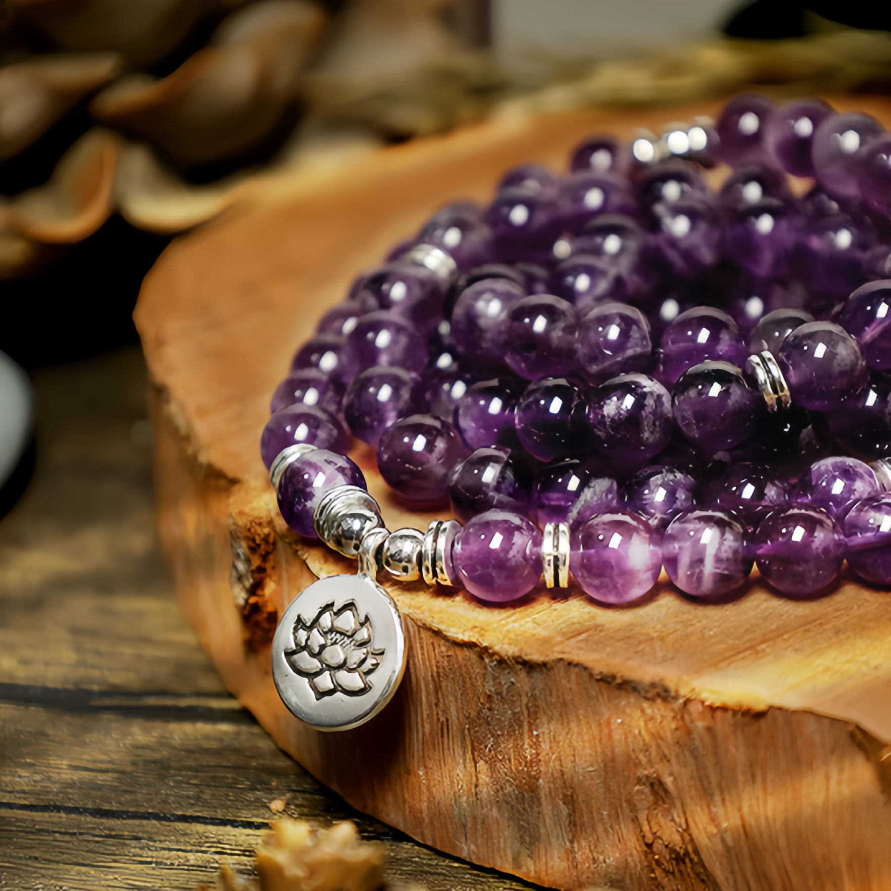 Healing Energy Jewelry: 108 Natural Amethyst Purification Mala Bracelet- EclatDoré
