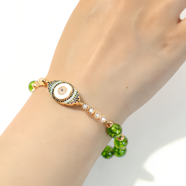 Handmade Natural Olivine Crystal Bracelet with Protective Nazar Eye Pendant- EclatDoré