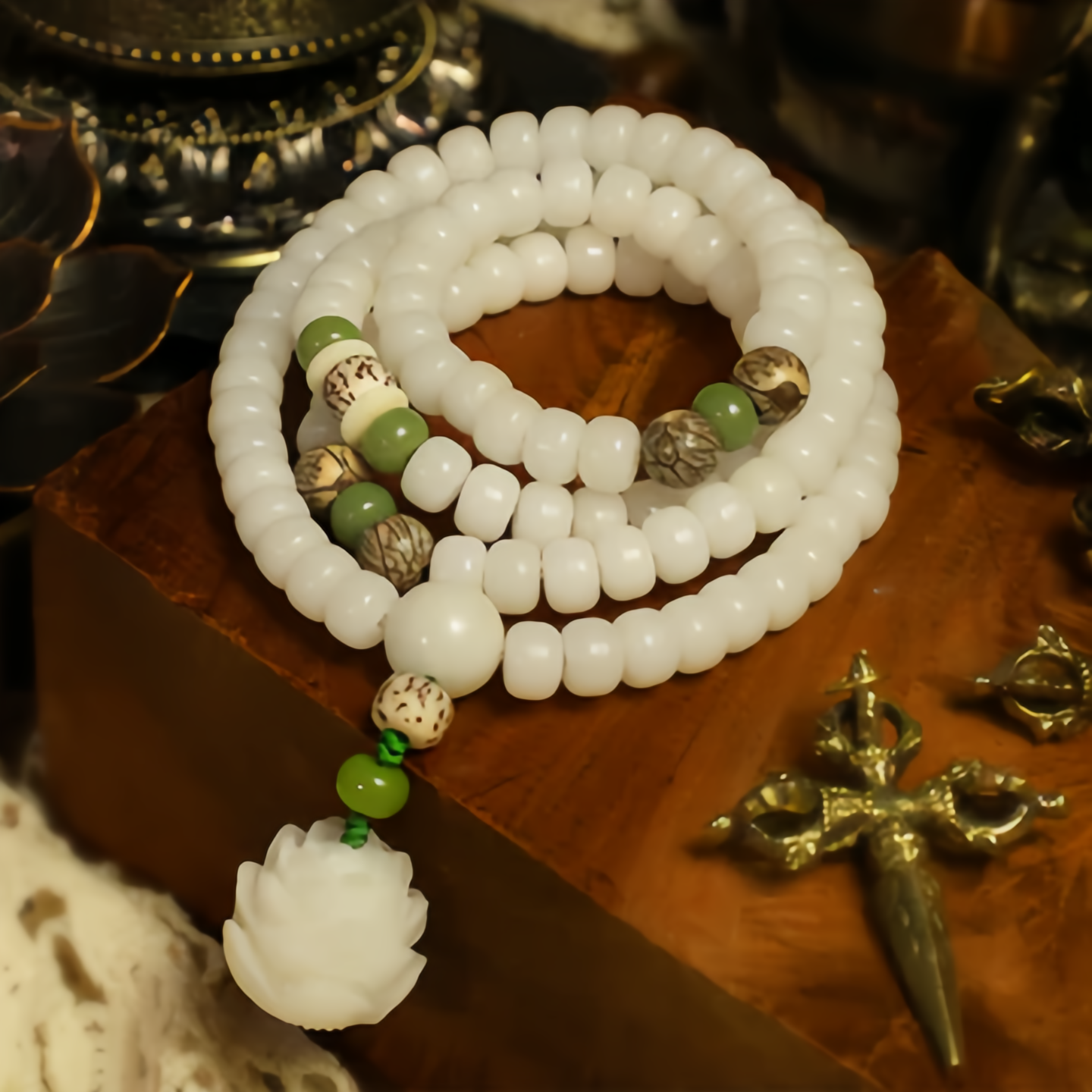White Jade Bodhi Lotus Mala Harmony Necklace Bracelet- EclatDoré