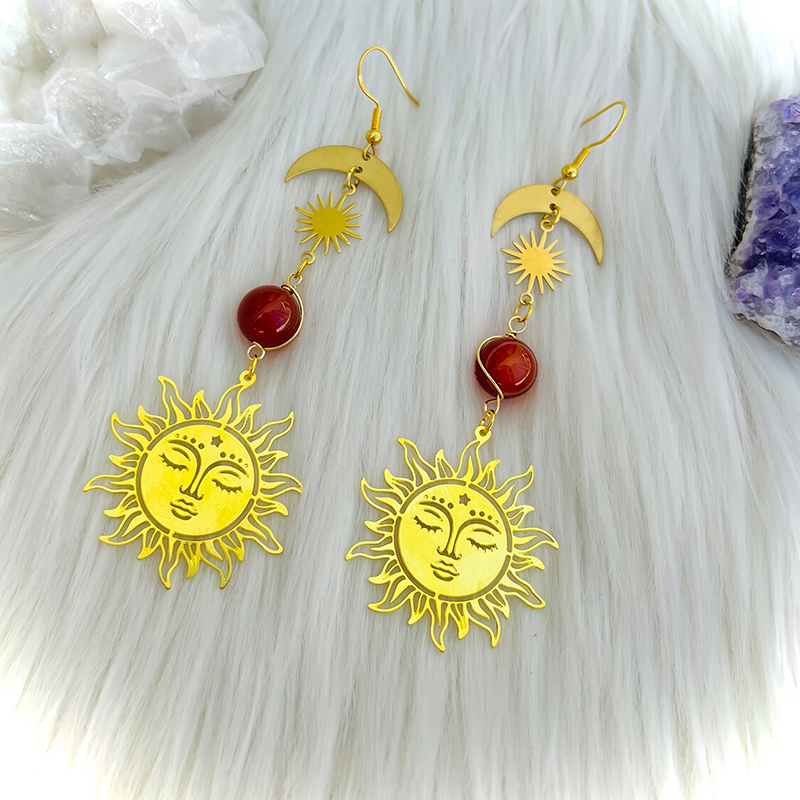 Brass Sun Moon Healing Earrings | Copper Chakra Energy Balancing