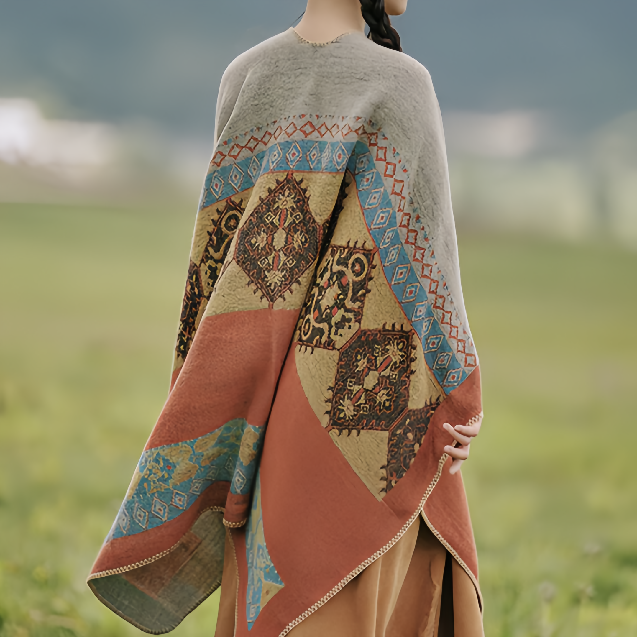 Tibetan Shawl Diamond Pattern Winter Warm Cloak Scarf- EclatDoré