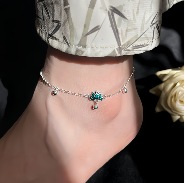 S925 Sterling Silver Vintage Lotus Ankle Bracelet & Wrist Chain with Green Stone Beads, Adjustable Retro Jewelry for Women- EclatDoré