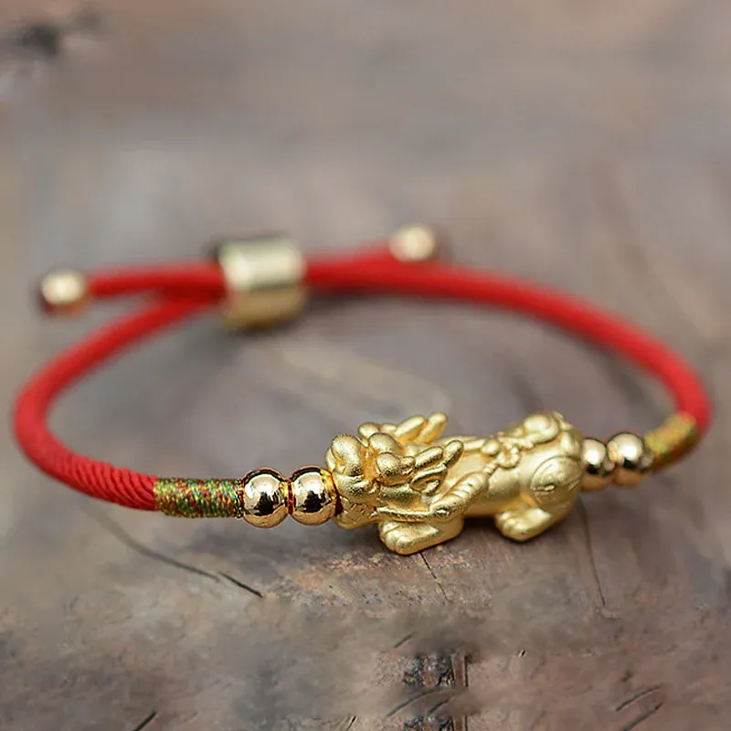 24K Gold Plated Pixiu Lucky Red String Bracelet