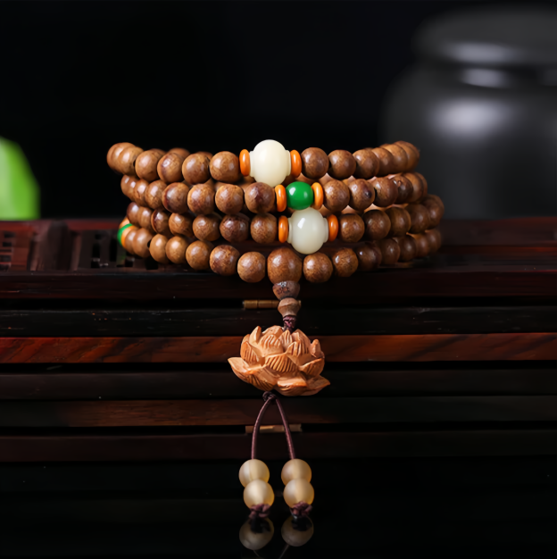 108 Peachwood Lotus Zen Meditation Mala Beads - Natural Handmade Adjustable Unisex Spiritual Jewelry- EclatDoré
