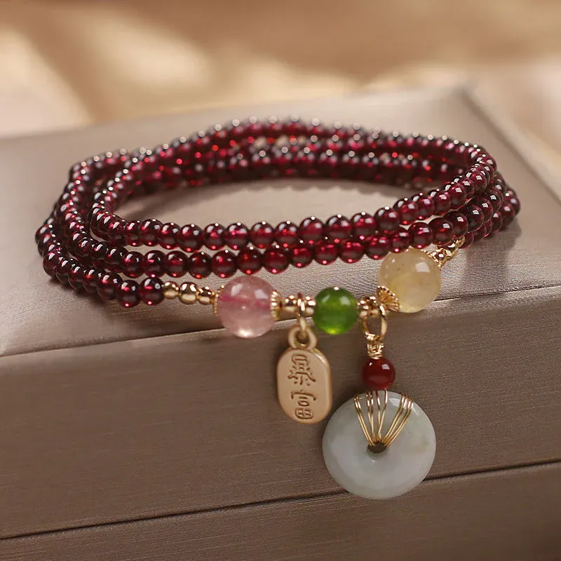 Natural Garnet Strawberry Quartz Crystal Fox Koi Fish Peace Buckle Fortune Protection Triple Wrap Bracelet- EclatDoré