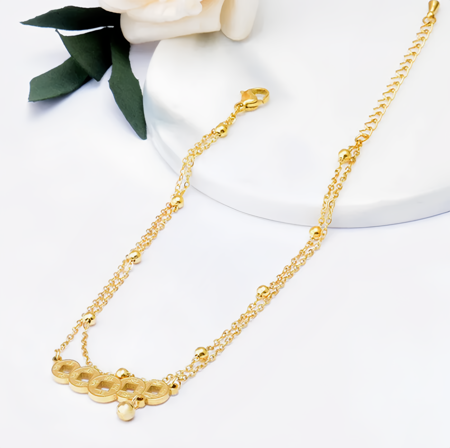 Double Layer Vintage Copper Coin Anklet for Women - Adjustable Lucky Wealth Anklet Chain- EclatDoré
