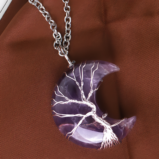 Healing Energy Jewelry:Natural Quartz Crystal Moon Tree Of Life Healing Energy Necklace Pendant- EclatDoré