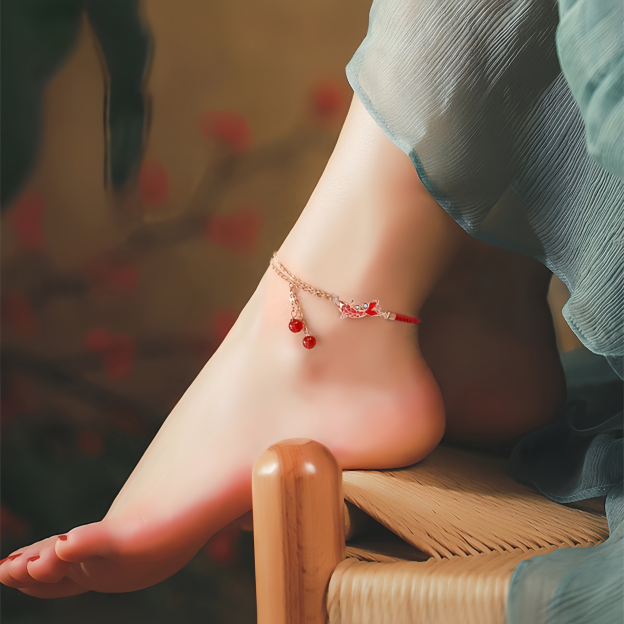 Koi Fish Ankle Bracelet for Zodiac Year – Red Cord Fortune Charm with S925 Silver Accents | Gifts for academic and career success- EclatDoré