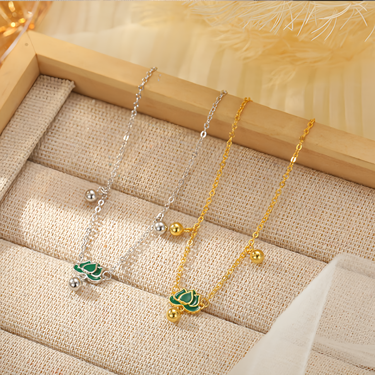 S925 Sterling Silver Vintage Lotus Ankle Bracelet & Wrist Chain with Green Stone Beads, Adjustable Retro Jewelry for Women- EclatDoré