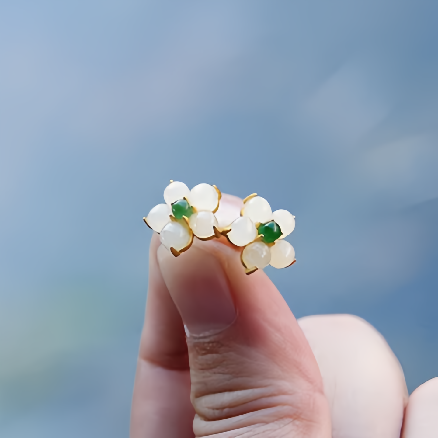 White Jade Flower Stud Earrings—Handmade Lucky Charm Blessing Jewelry for Women,14K Gold Plating- EclatDoré