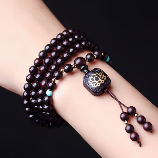 108 Mala Beads Tibetan Small Leaf Red Sandalwood Lotus Balance Bracelet- EclatDoré