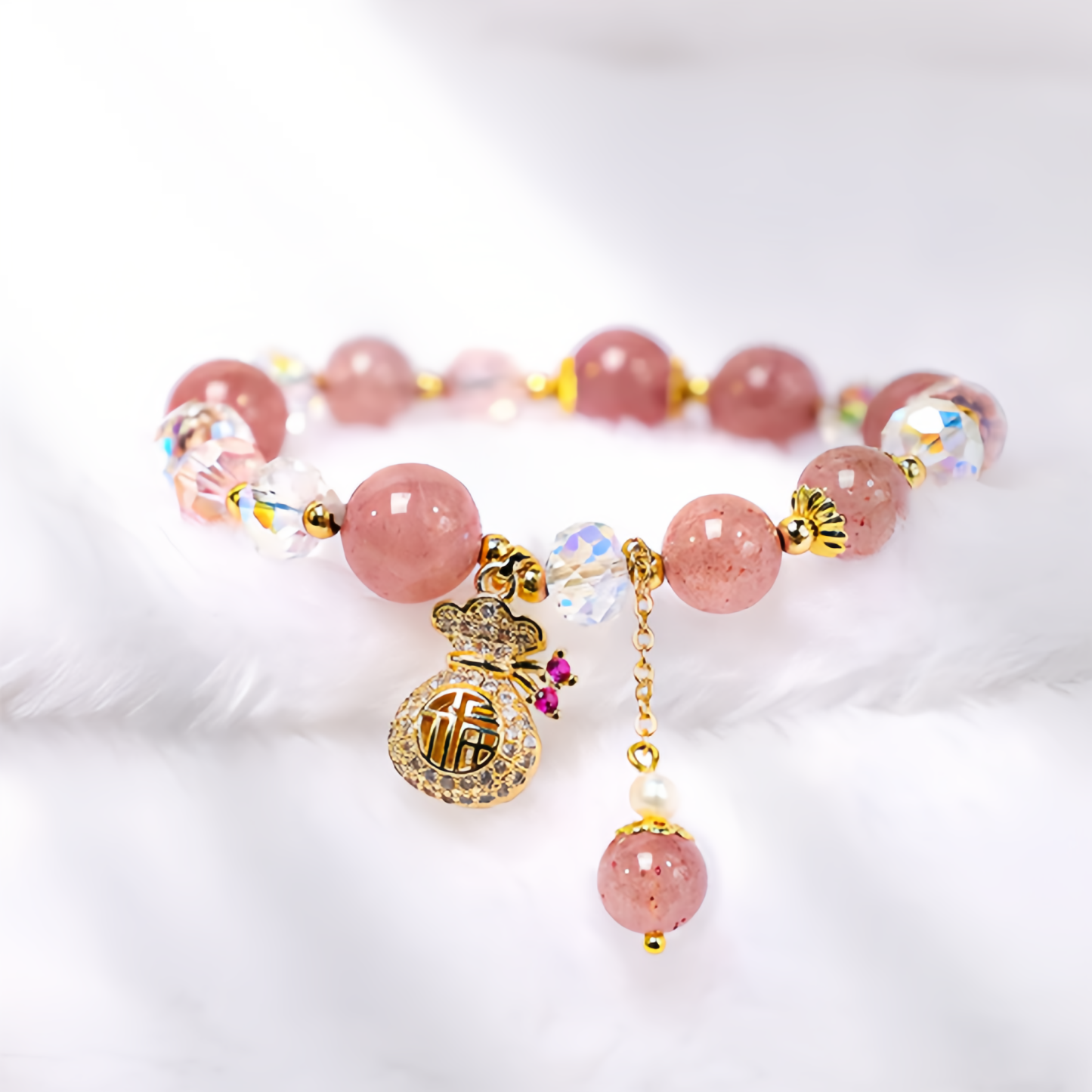 Natural Strawberry Quartz Crystal Money Bag Charm Positive Bracelet- EclatDoré