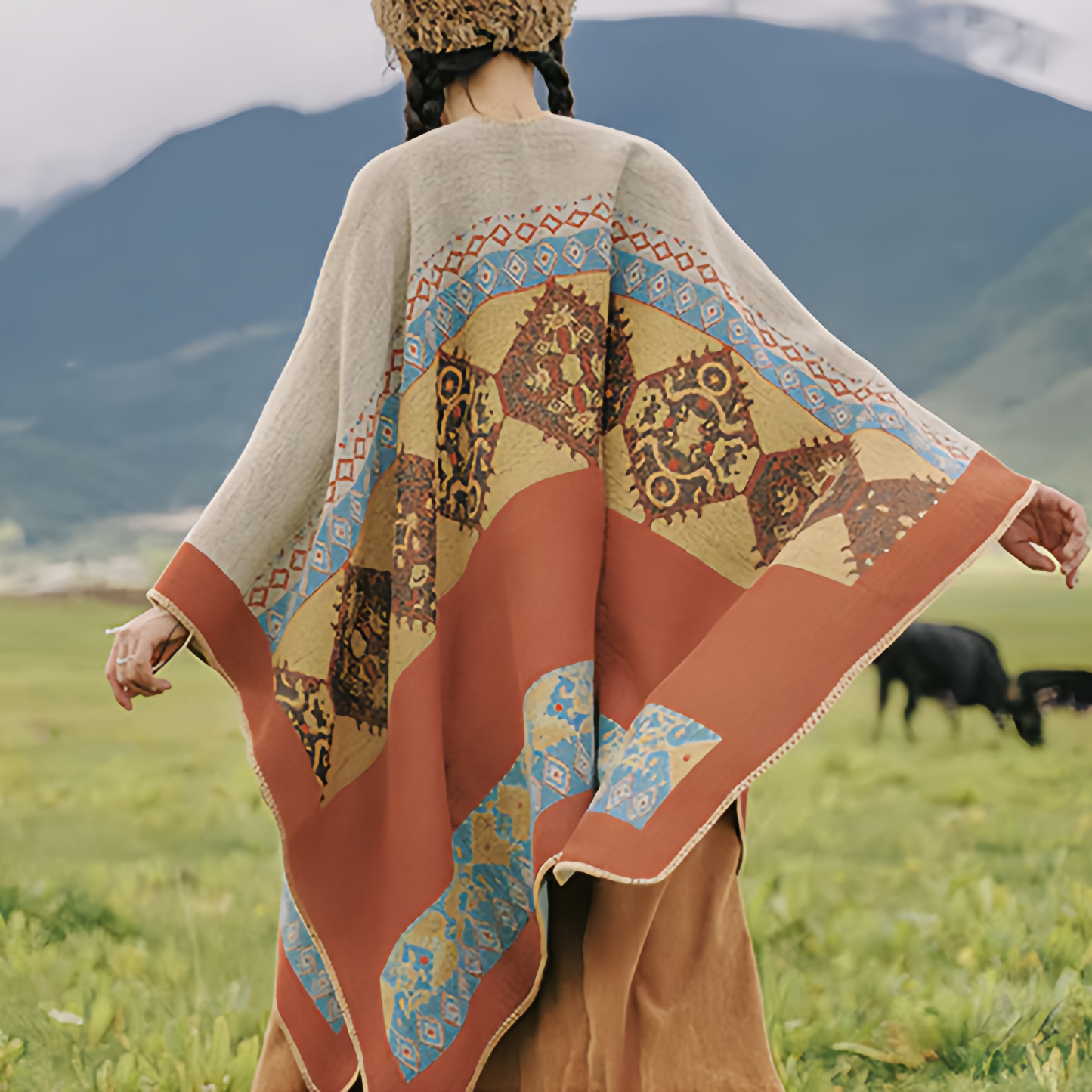 Tibetan Shawl Diamond Pattern Winter Warm Cloak Scarf- EclatDoré
