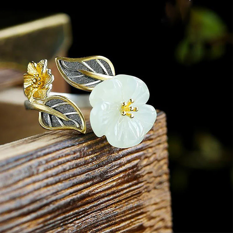 925 Silver Plated Copper White Jade Plum Flower Leaf Luck Ring