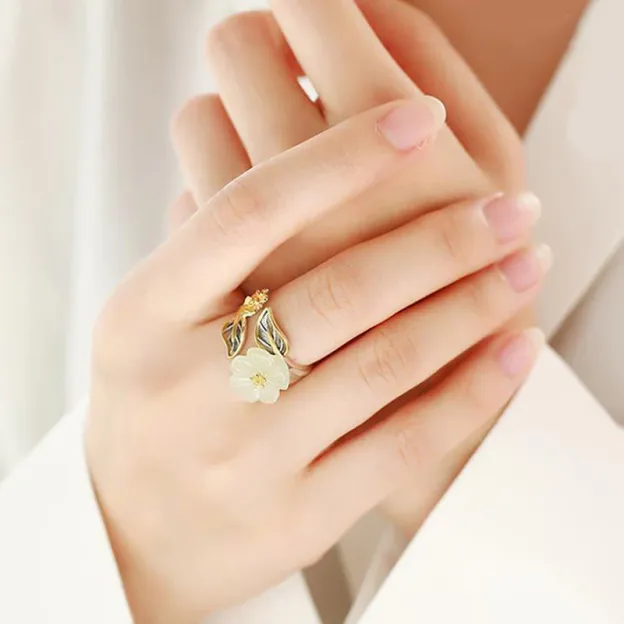 925 Silver Plated Copper White Jade Plum Flower Leaf Luck Ring