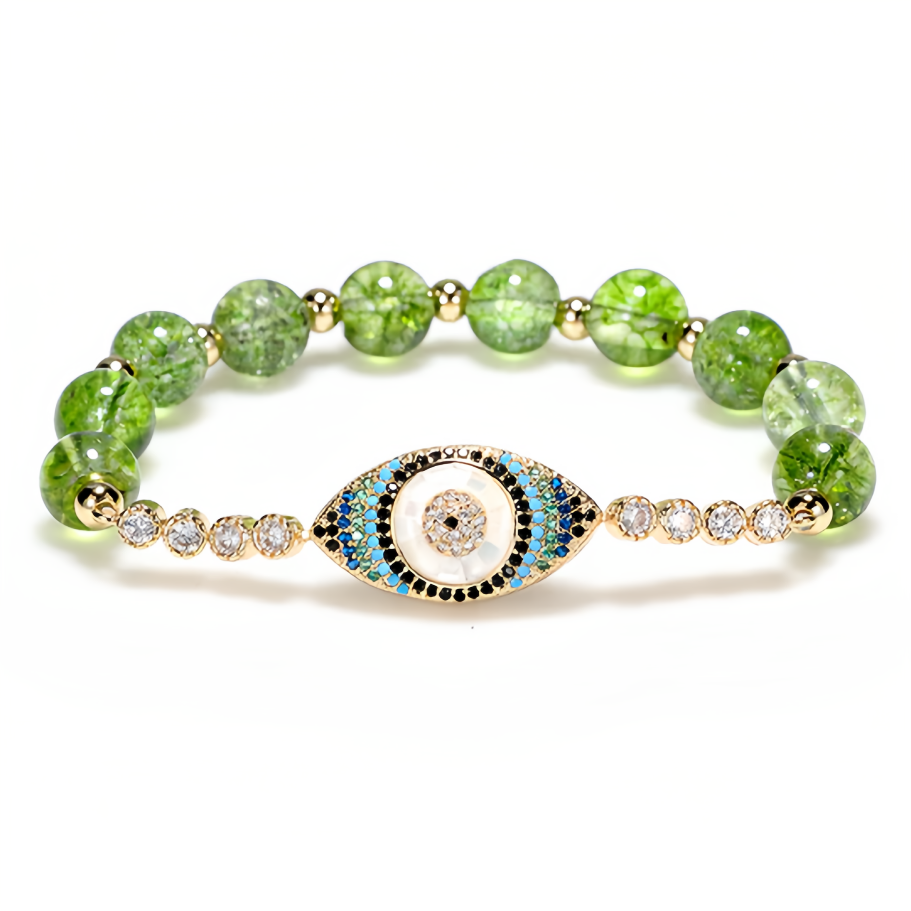 Handmade Natural Olivine Crystal Bracelet with Protective Nazar Eye Pendant- EclatDoré